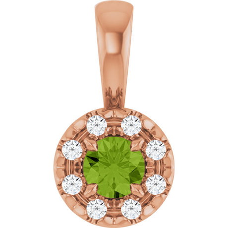 14K Gold Emerald Natural Peridot Halo-Style Necklace or Pendant - Rose Gold
