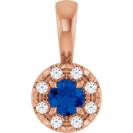 14K Gold Emerald Lab-Grown Blue Sapphire Halo-Style Necklace or Pendant - Rose Gold
