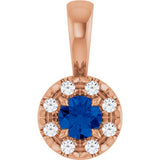 14K Gold Emerald Natural Blue Sapphire Halo-Style Necklace or Pendant - Rose Gold