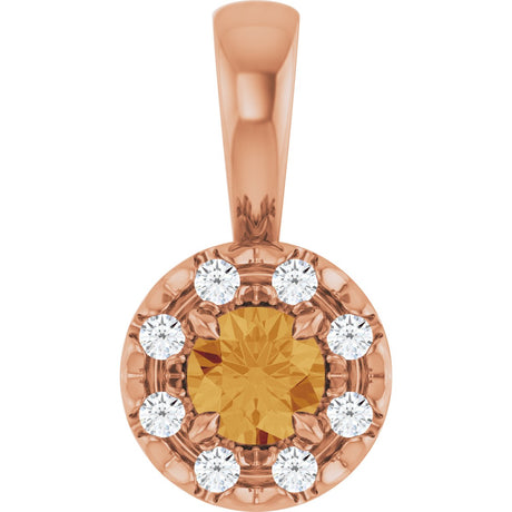 14K Gold Emerald Natural Citrine Halo-Style Necklace or Pendant - Rose Gold