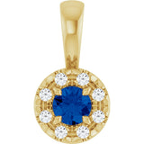 14K Gold Emerald Lab-Grown Blue Sapphire Halo-Style Necklace or Pendant - Yellow Gold
