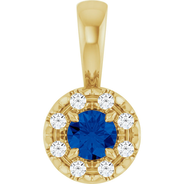 14K Gold Emerald Lab-Grown Blue Sapphire Halo-Style Necklace or Pendant - Yellow Gold