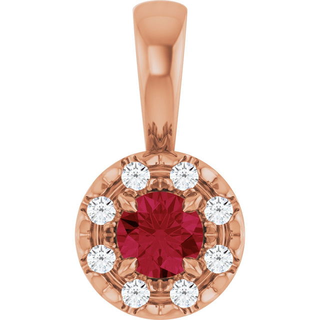14K Gold Emerald Natural Ruby Halo-Style Necklace or Pendant - Rose Gold