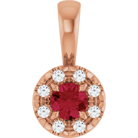 14K Gold Emerald Lab-Grown Ruby Halo-Style Necklace or Pendant - Rose Gold