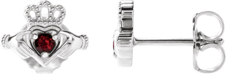 Platinum Round Natural Mozambique Garnet Accented Claddagh Earrings