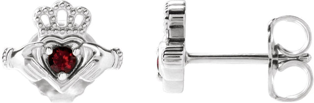 14K Gold Round Natural Mozambique Garnet Accented Claddagh Earrings - White Gold