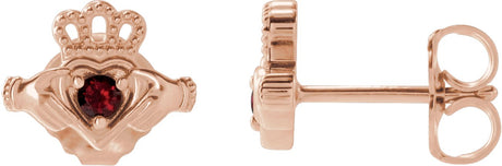 14K Gold Round Natural Mozambique Garnet Accented Claddagh Earrings - Rose Gold