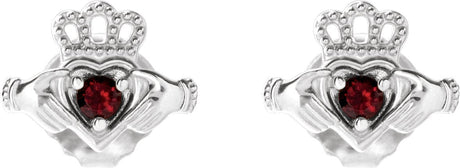 Platinum Round Natural Mozambique Garnet Accented Claddagh Earrings - view 2
