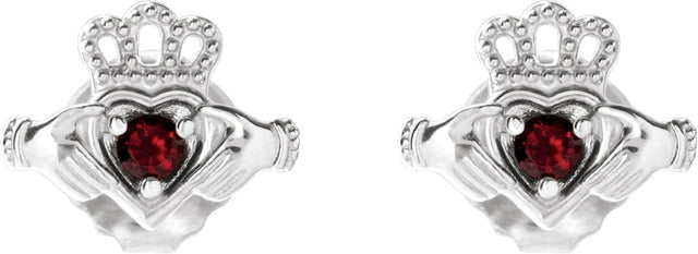 Platinum Round Natural Mozambique Garnet Accented Claddagh Earrings - view 2
