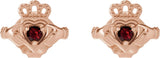 14K Gold Round Natural Mozambique Garnet Accented Claddagh Earrings - Rose Gold - view 2