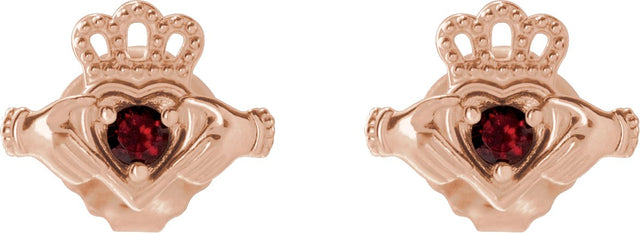 14K Gold Round Natural Mozambique Garnet Accented Claddagh Earrings - Rose Gold - view 2