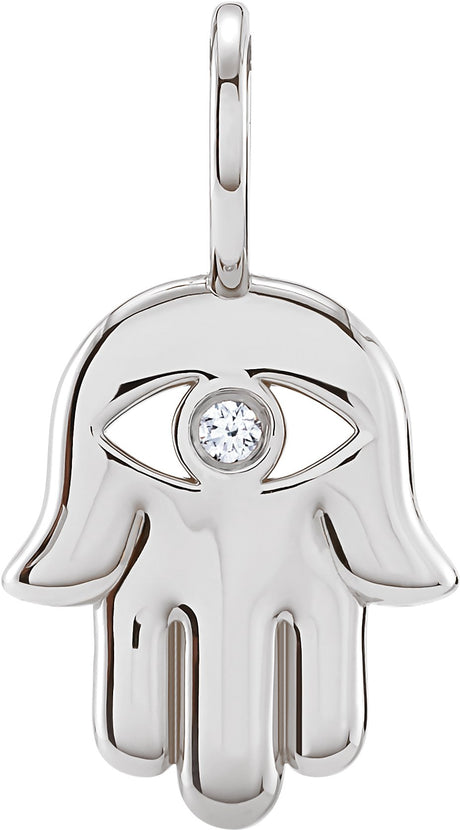 14K Gold Round Natural Diamond Hamsa Hand Pendant - White Gold