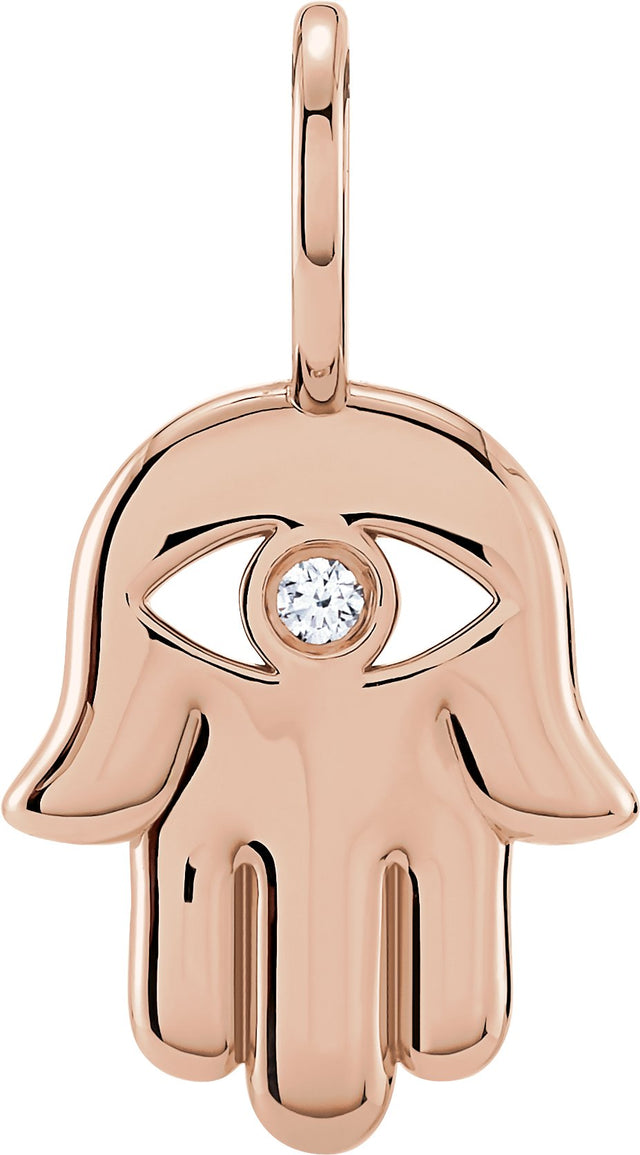 14K Gold Round Natural Diamond Hamsa Hand Pendant - Rose Gold