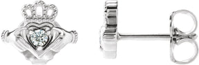 Platinum Round Natural Diamond Accented Claddagh Earrings