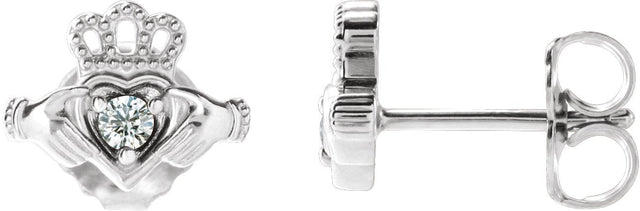 Platinum Round Natural Diamond Accented Claddagh Earrings