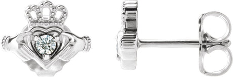 14K Gold Round Natural Diamond Accented Claddagh Earrings - White Gold