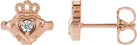 14K Gold Round Natural Diamond Accented Claddagh Earrings - Rose Gold