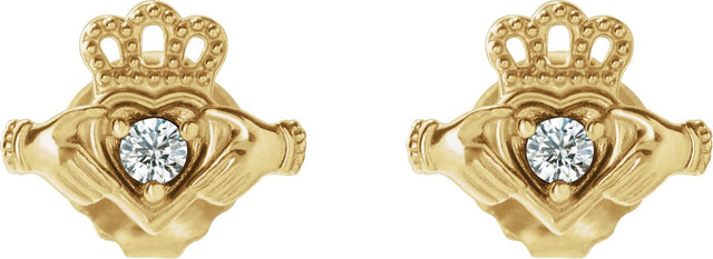 14K Gold Round Natural Diamond Accented Claddagh Earrings - Yellow Gold - view 2