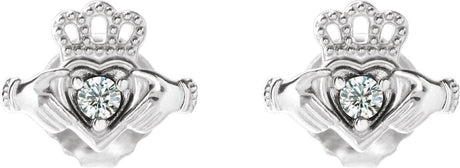 Platinum Round Natural Diamond Accented Claddagh Earrings - view 2