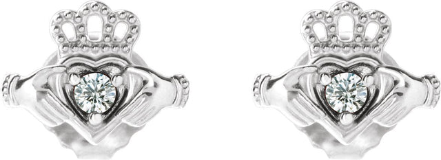 Platinum Round Natural Diamond Accented Claddagh Earrings - view 2