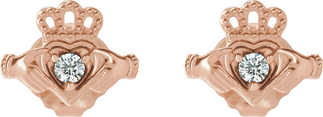 14K Gold Round Natural Diamond Accented Claddagh Earrings - Rose Gold - view 2