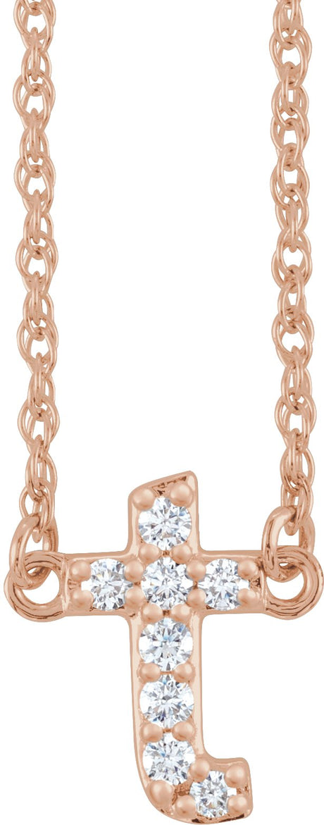 14K Gold Round Natural Diamond Lowercase Initial Necklace - Rose Gold