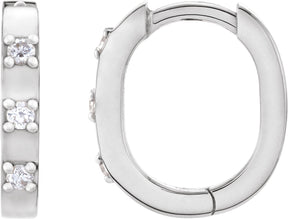 Platinum Round Natural Diamond Elongated Hoop Earrings