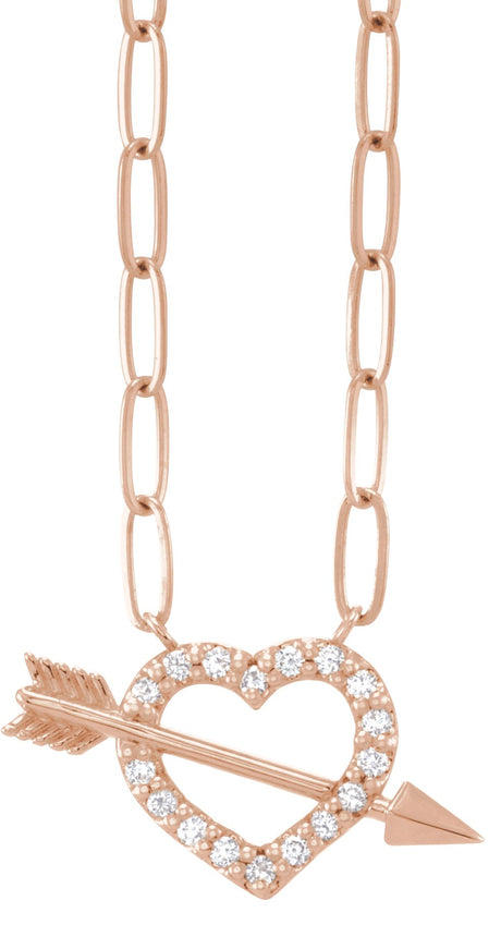 14K Gold Round Natural Diamond Accented Heart & Arrow Necklace - Rose Gold
