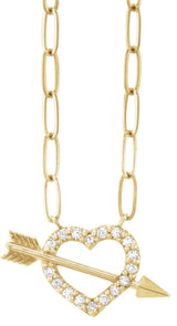 14K Gold Round Natural Diamond Accented Heart & Arrow Necklace - Yellow Gold