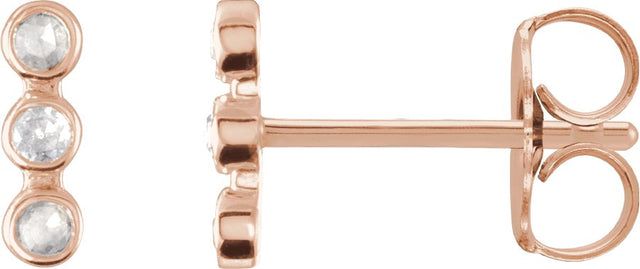 14K Gold Round Natural Diamond Three-Stone Bar Earrings – 1.5mm Stones - Rose Gold
