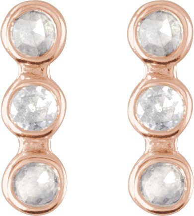 14K Gold Round Natural Diamond Three-Stone Bar Earrings – 1.5mm Stones - Rose Gold - view 2