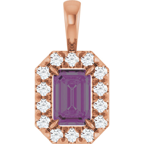 14K Gold Emerald Lab-Grown Alexandrite Halo-Style Necklace or Pendant - Rose Gold
