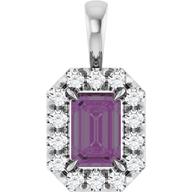 14K Gold Emerald Lab-Grown Alexandrite Halo-Style Necklace or Pendant - White Gold