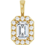 14K Gold Emerald Natural White Sapphire Halo-Style Necklace or Pendant - Yellow Gold