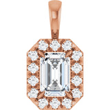 14K Gold Emerald Natural White Sapphire Halo-Style Necklace or Pendant - Rose Gold