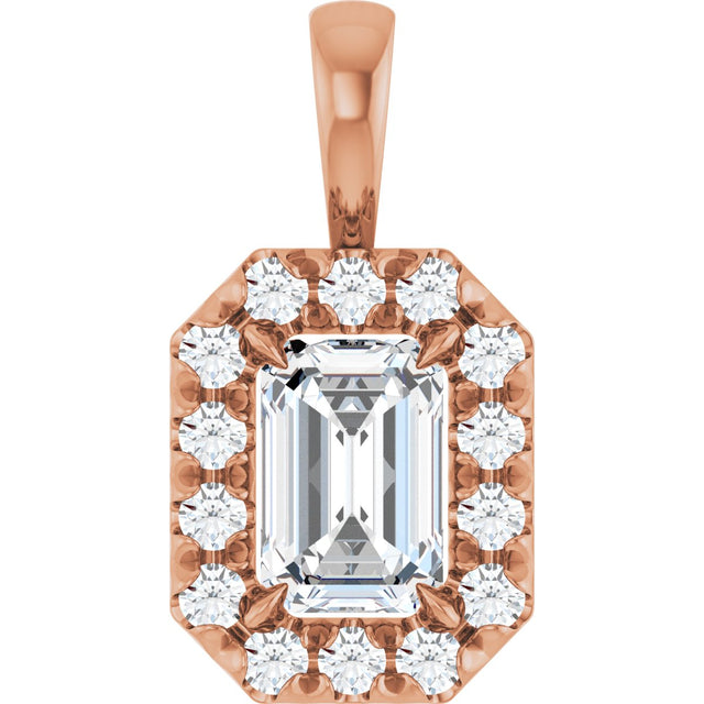 14K Gold Emerald Natural White Sapphire Halo-Style Necklace or Pendant - Rose Gold