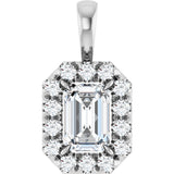 14K Gold Emerald Natural White Sapphire Halo-Style Necklace or Pendant - White Gold