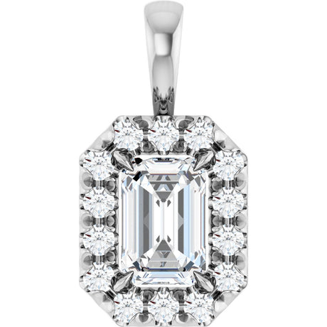 14K Gold Emerald Natural White Sapphire Halo-Style Necklace or Pendant - White Gold