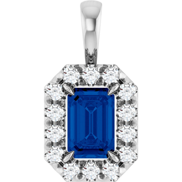 14K Gold Emerald Natural Blue Sapphire Halo-Style Necklace or Pendant - White Gold