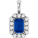14K Gold Emerald Lab-Grown Blue Sapphire Halo-Style Necklace or Pendant - White Gold