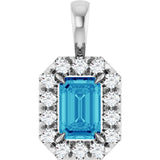 14K Gold Emerald Natural Blue Zircon Halo-Style Necklace or Pendant - White Gold