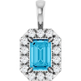 14K Gold Emerald Natural Aquamarine Halo-Style Necklace or Pendant - White Gold