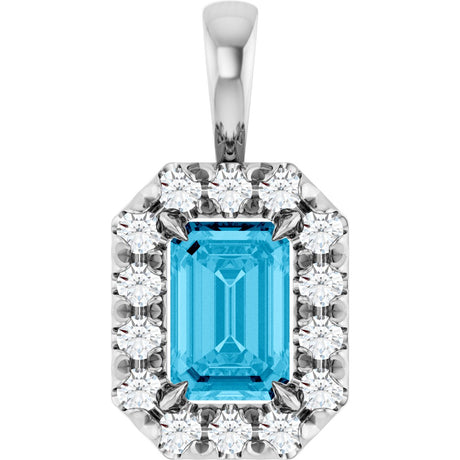 14K Gold Emerald Natural Aquamarine Halo-Style Necklace or Pendant - White Gold