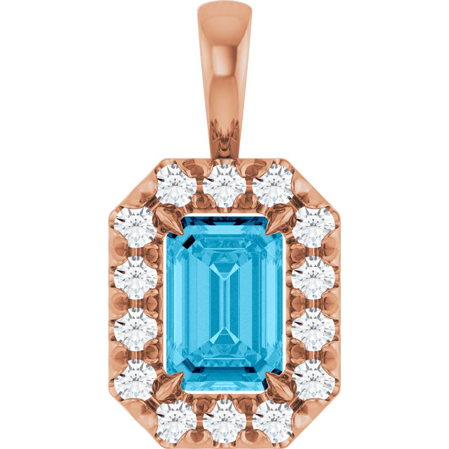 14K Gold Emerald Natural Aquamarine Halo-Style Necklace or Pendant - Rose Gold