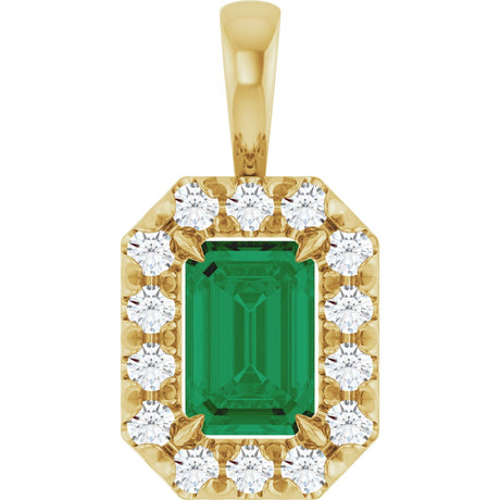 14K Gold Emerald Lab-Grown Emerald Halo-Style Necklace or Pendant - Yellow Gold