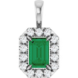 14K Gold Emerald Lab-Grown Emerald Halo-Style Necklace or Pendant - White Gold