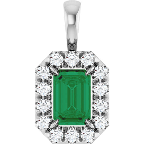 14K Gold Emerald Lab-Grown Emerald Halo-Style Necklace or Pendant - White Gold