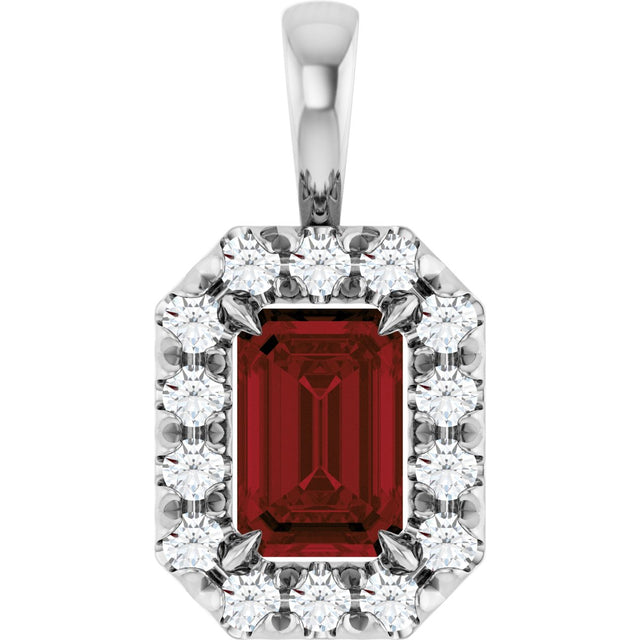 14K Gold Emerald Natural Mozambique Garnet Halo-Style Necklace or Pendant - White Gold