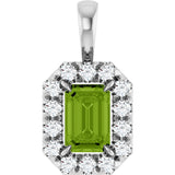14K Gold Emerald Natural Peridot Halo-Style Necklace or Pendant - White Gold