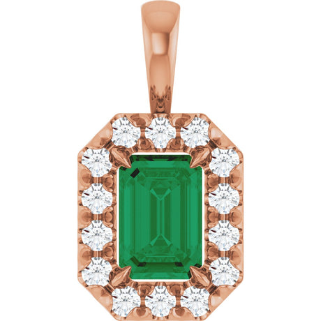 14K Gold Emerald Lab-Grown Emerald Halo-Style Necklace or Pendant - Rose Gold